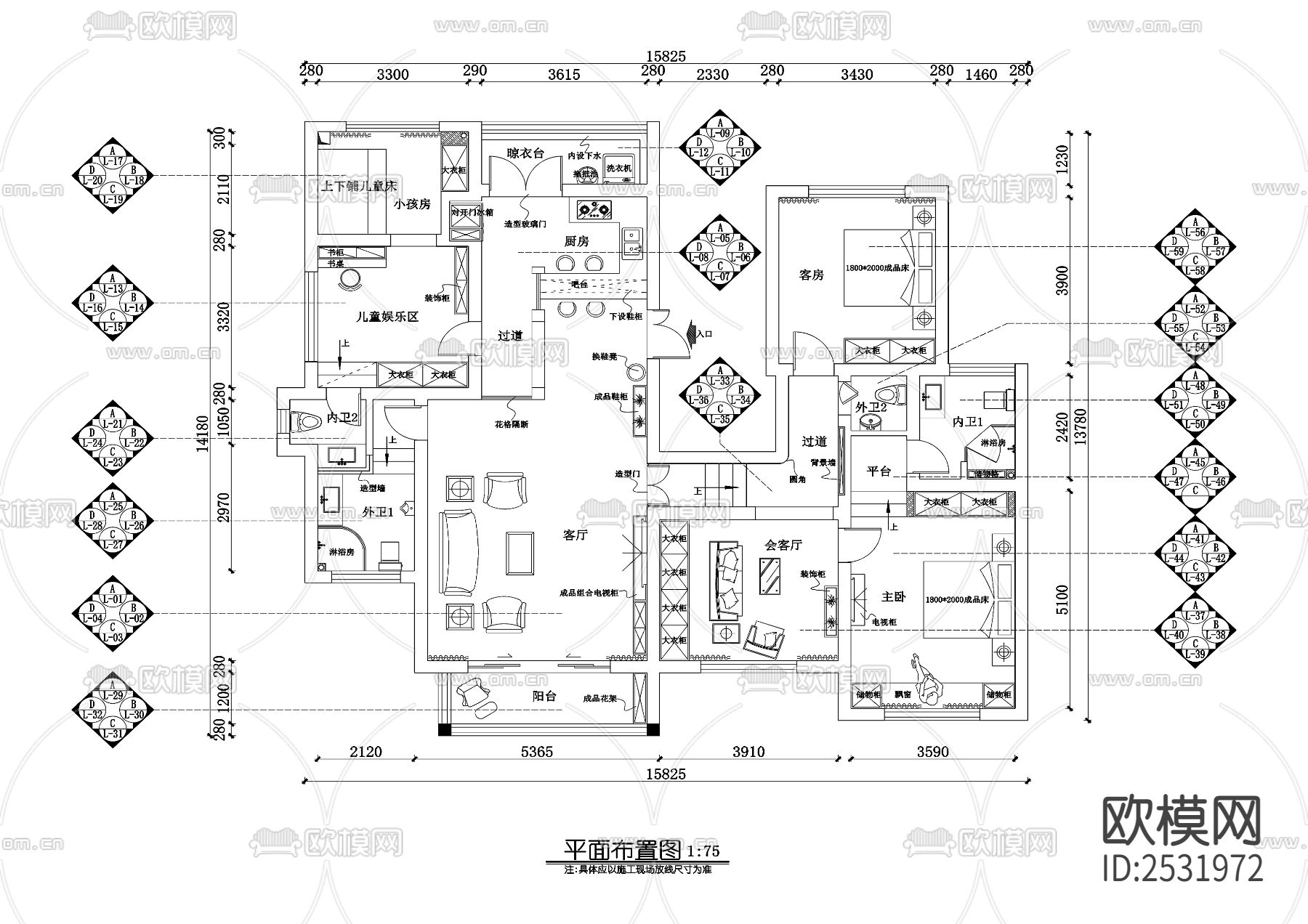 大平层豪宅样板间cad施工图下载（渲染图7）