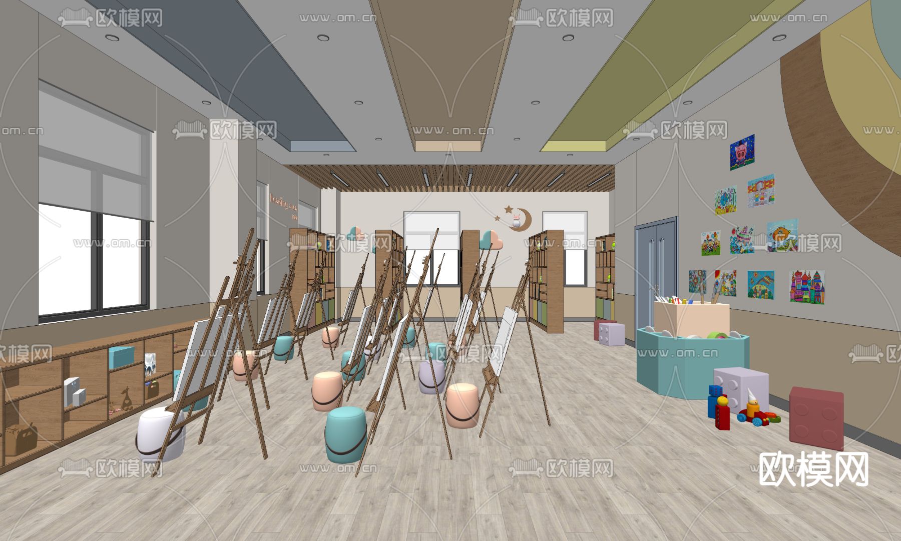 现代幼儿园 美术教室su模型下载（渲染图2）