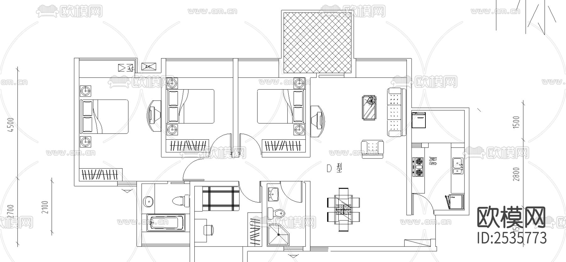 二三房经典户型CAD施工图下载（渲染图2）
