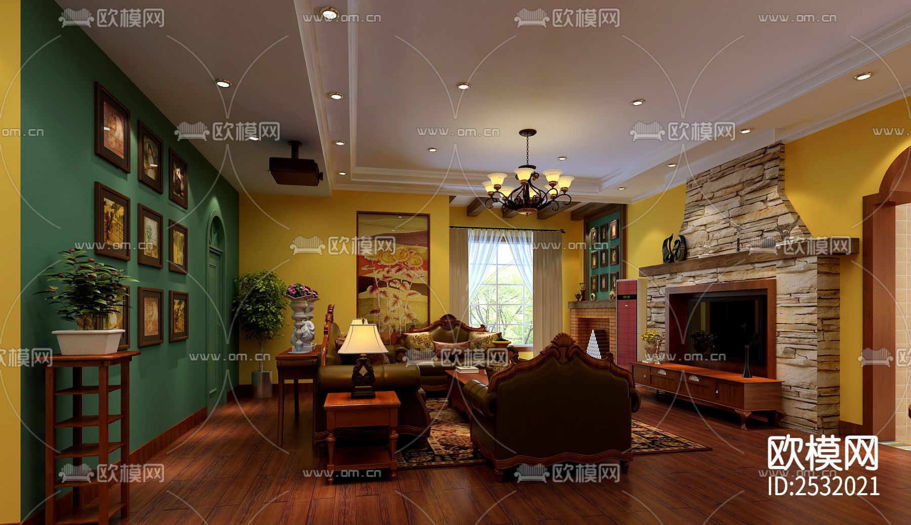 美式大平层豪宅样板间cad施工图下载（渲染图2）