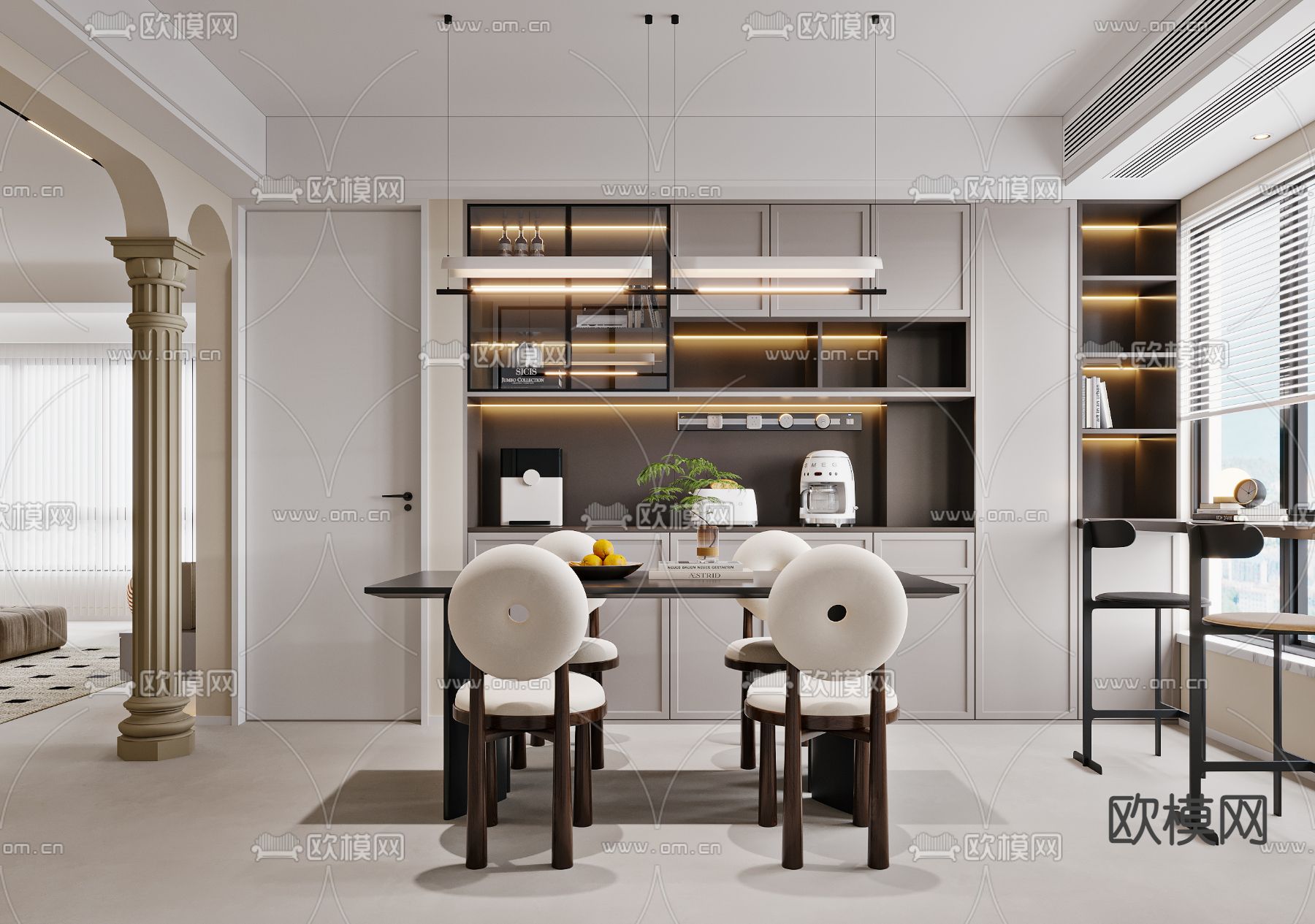 奶油风客餐厅3d模型下载（渲染图2）