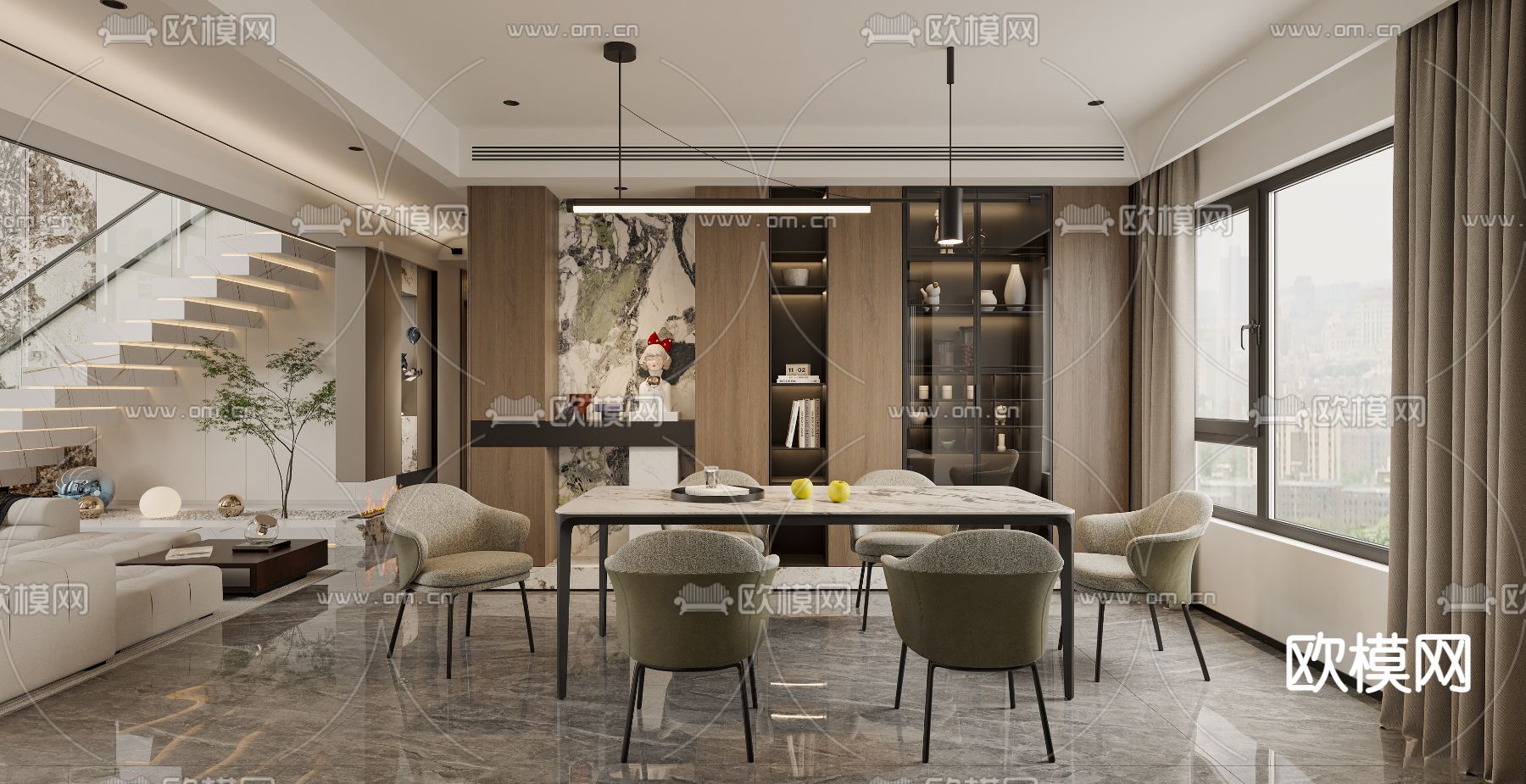 现代别墅大堂餐厅su模型