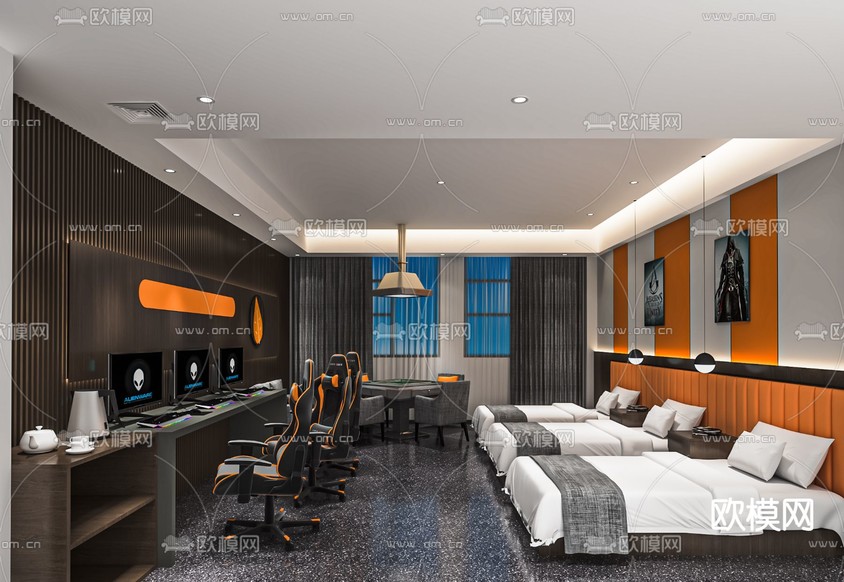 现代电竞酒店客房su模型下载(渲染图1)