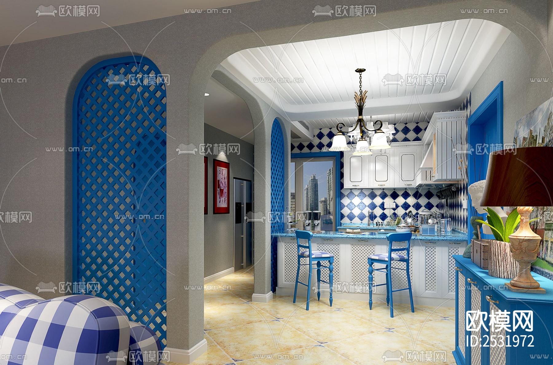 大平层豪宅样板间cad施工图下载（渲染图1）