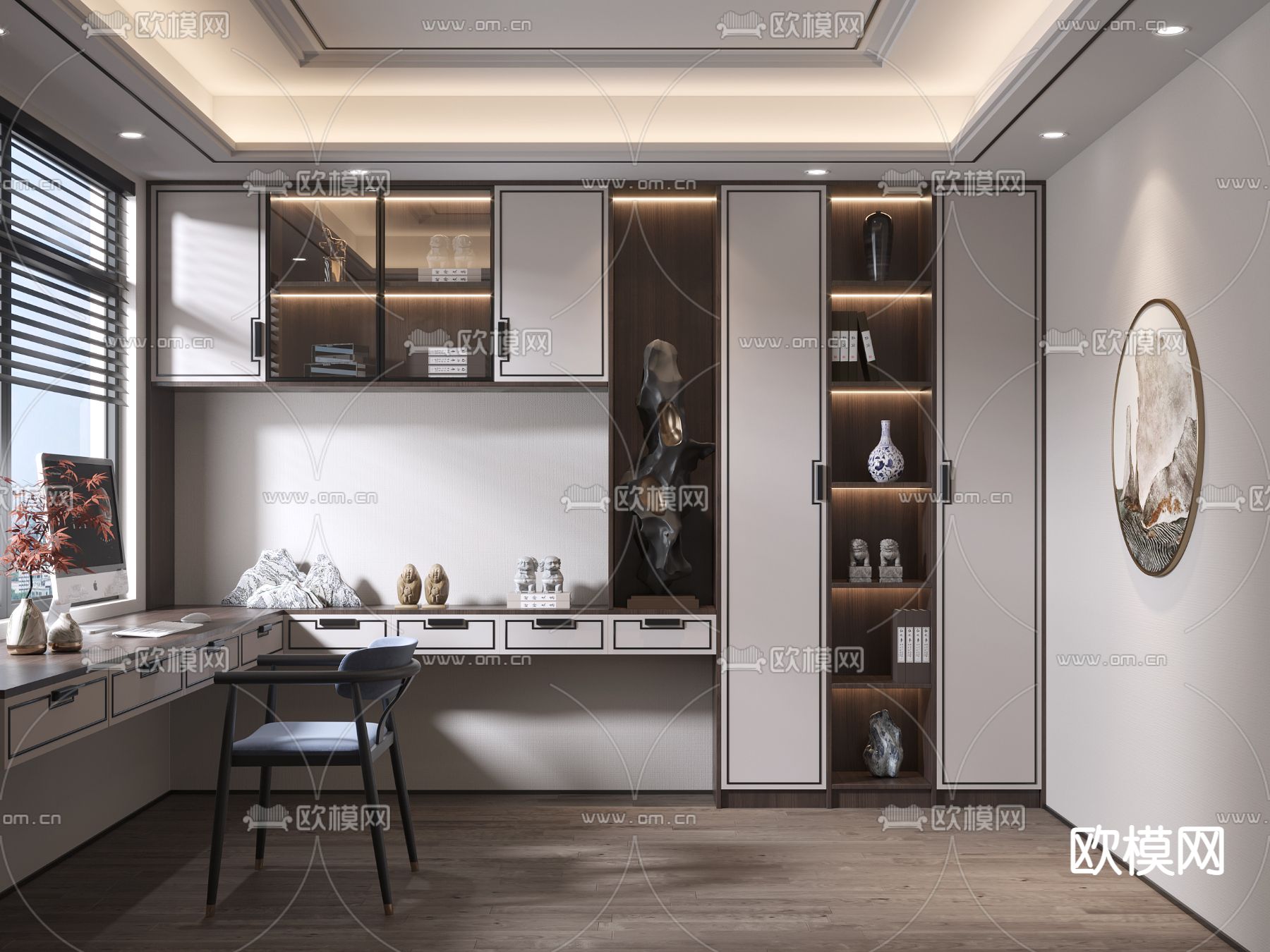 新中式书房su模型下载（渲染图1）