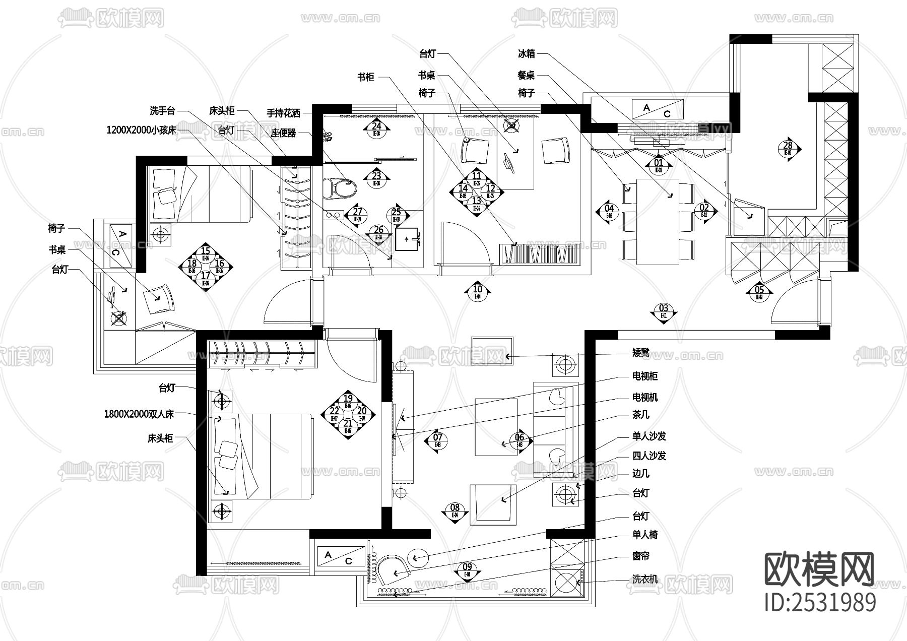 现代大平层豪宅样板间cad施工图下载（渲染图3）