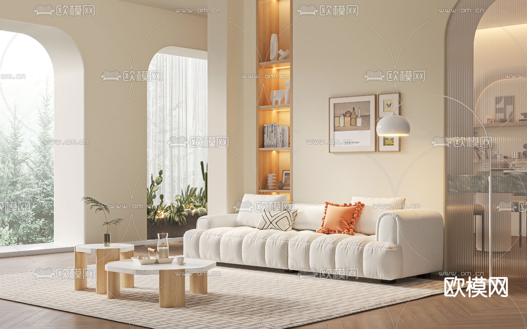 奶油风多人沙发3d模型下载（渲染图1）