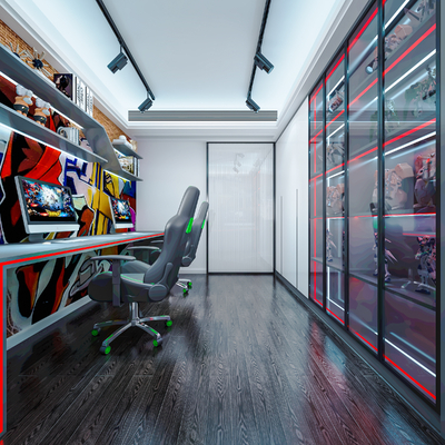  现代电竞室 电脑房 娱乐室su模型 