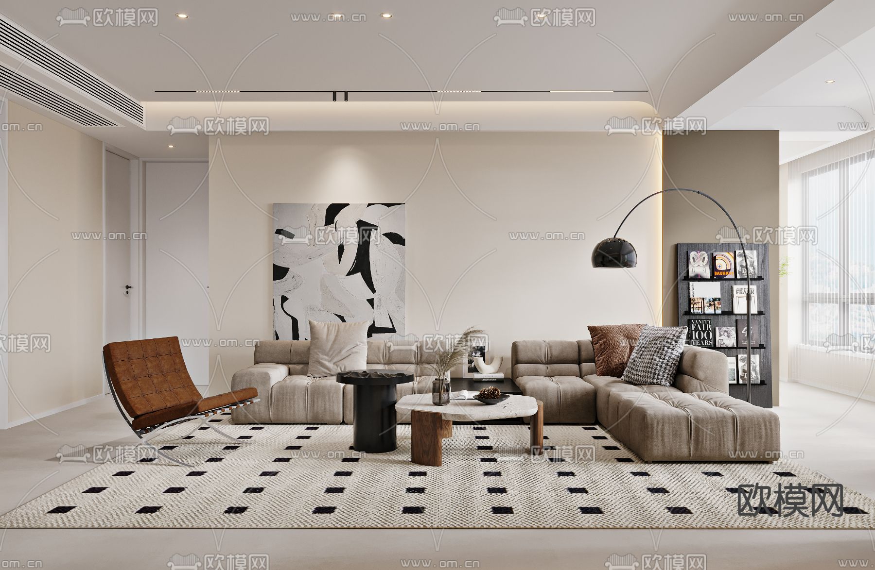 奶油风客餐厅3d模型下载（渲染图1）