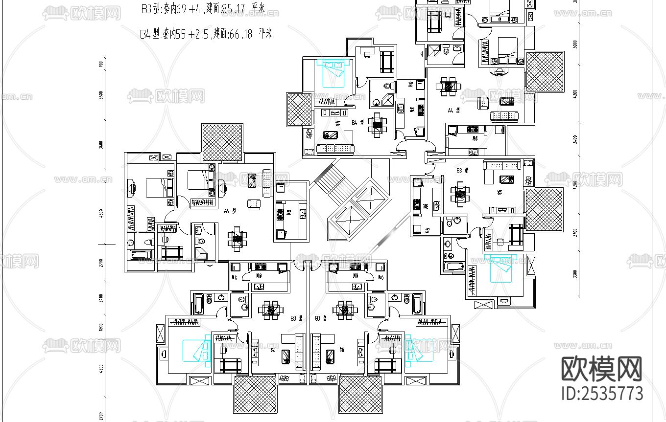 二三房经典户型CAD施工图下载（渲染图3）