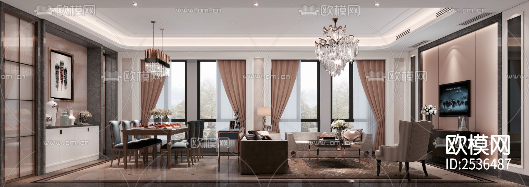 现代大平层豪宅样板间CAD施工图下载（渲染图2）