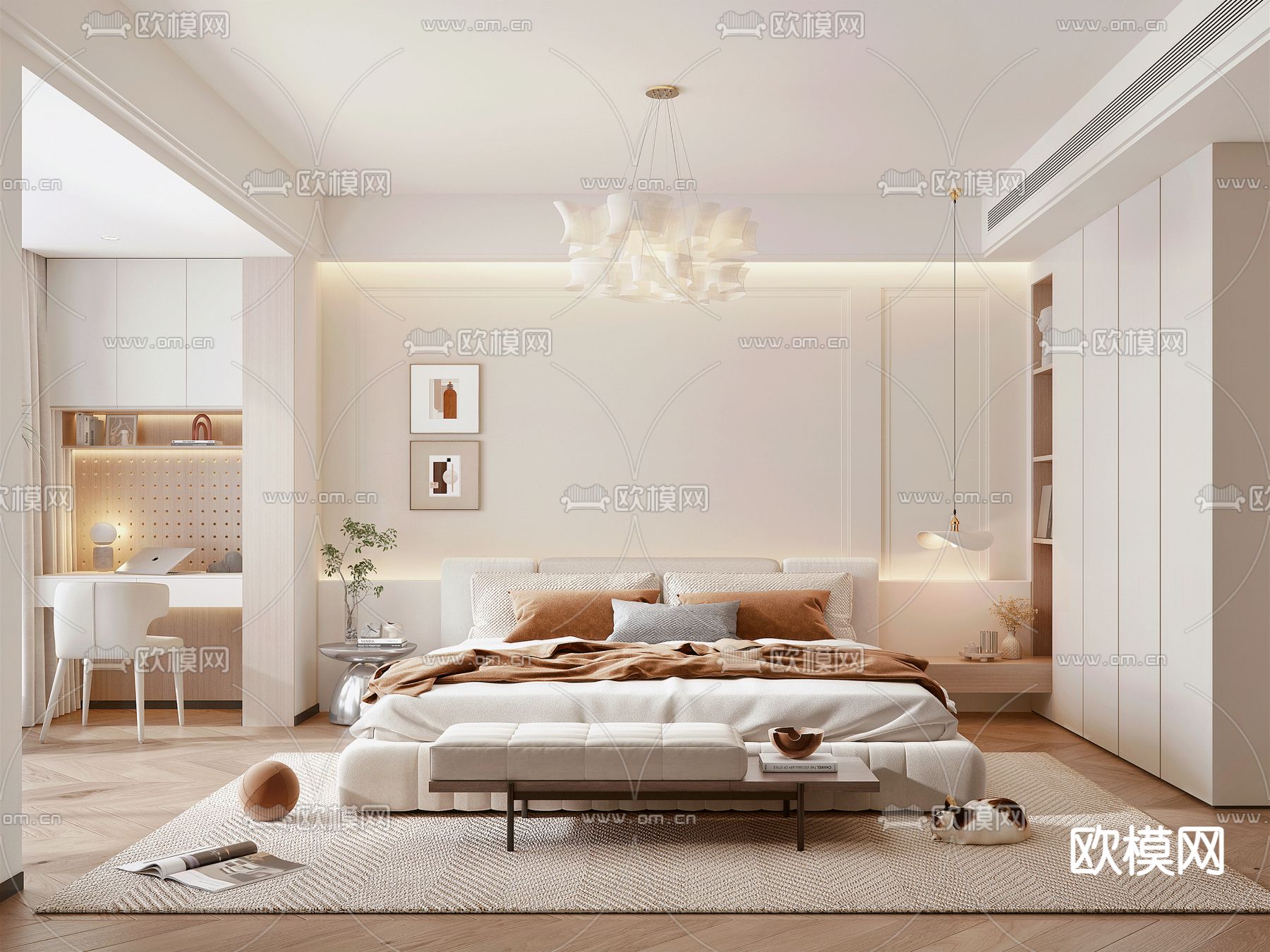 奶油风卧室 主人房su模型下载（渲染图1）