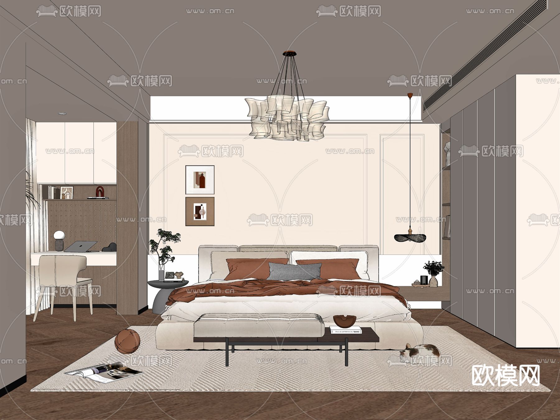 奶油风卧室 主人房su模型下载（渲染图2）