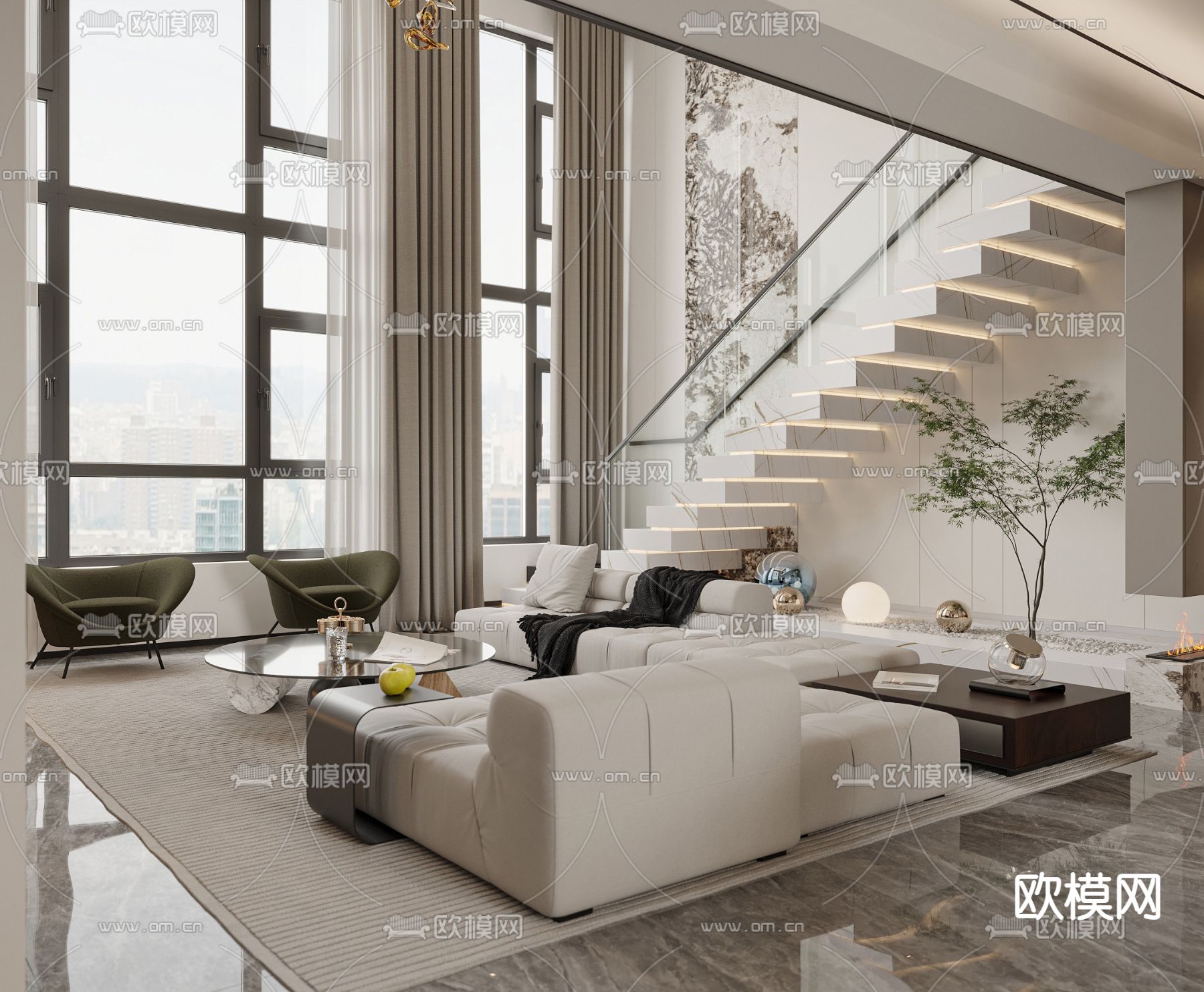 现代别墅大堂餐厅su模型下载（渲染图1）