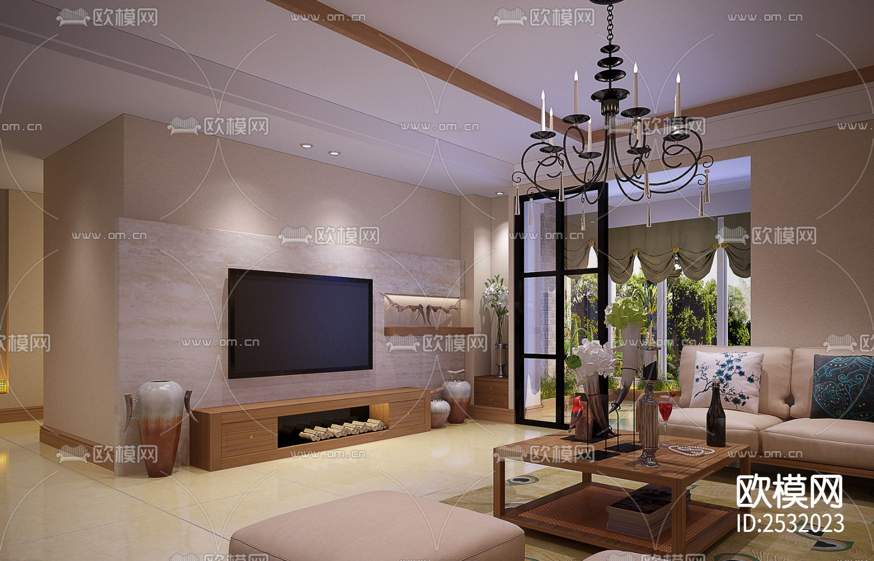 中式大平层豪宅样板间cad施工图下载（渲染图1）