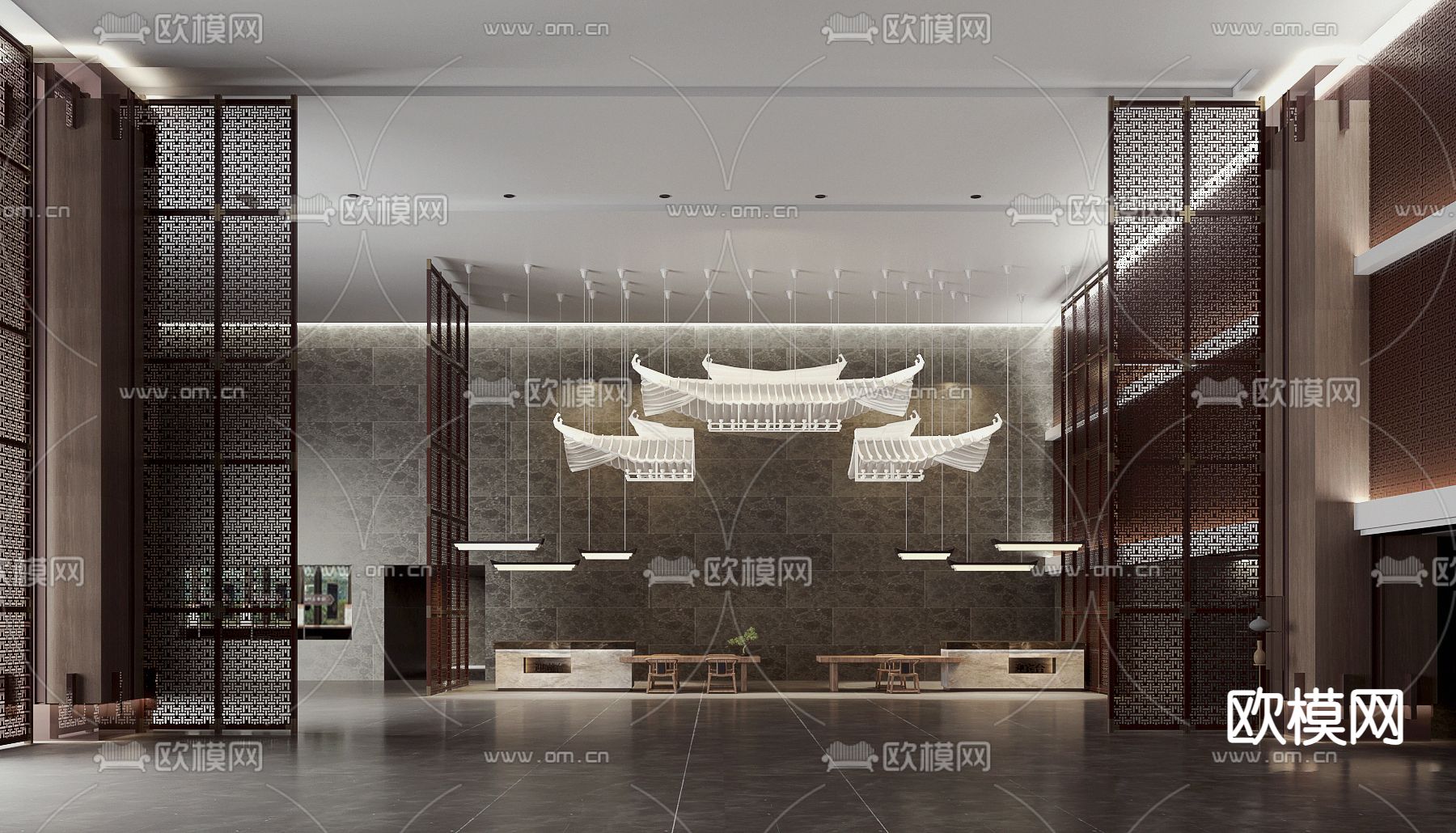 善水堂设计 新中式售楼处大堂3d模型下载（渲染图1）