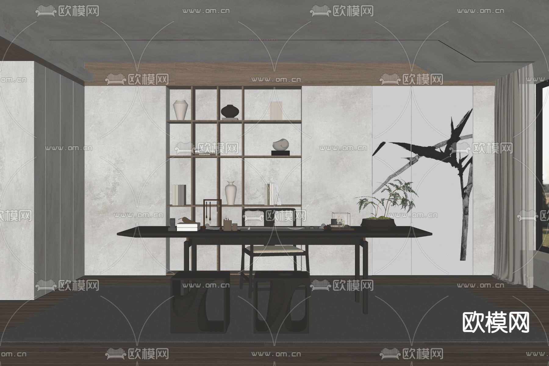 新中式书房su模型下载（渲染图2）