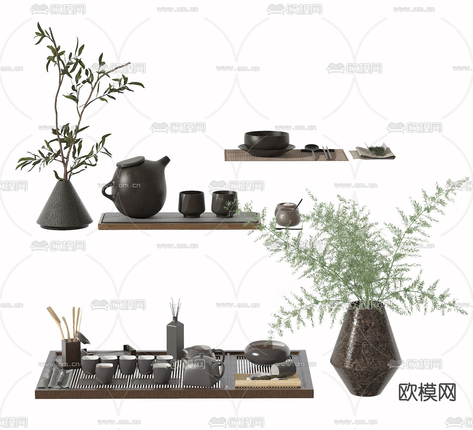 新中式茶盘茶具su模型下载（渲染图1）