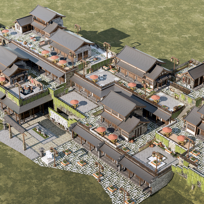  新中式民宿客栈鸟瞰su模型 