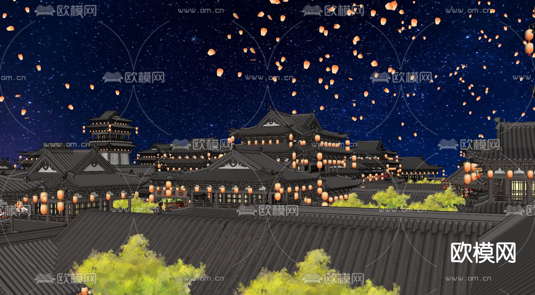 中式古城su模型下载（渲染图1）