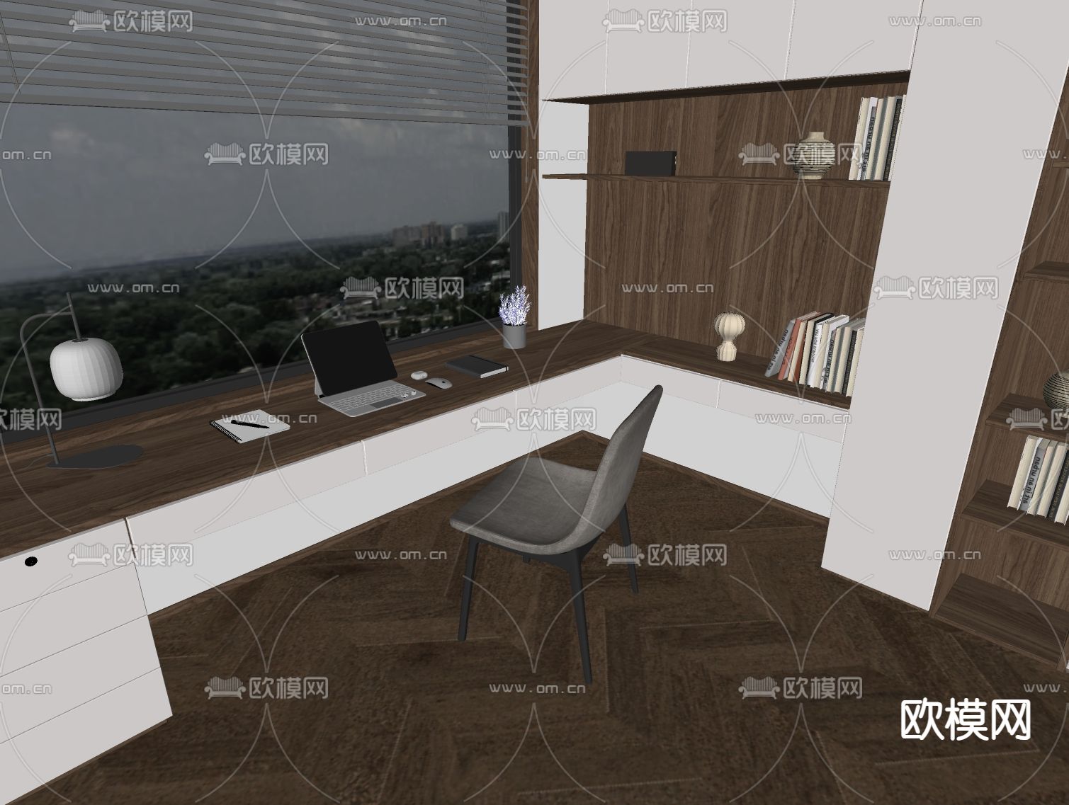 现代一体式书柜 书桌su模型下载（渲染图2）