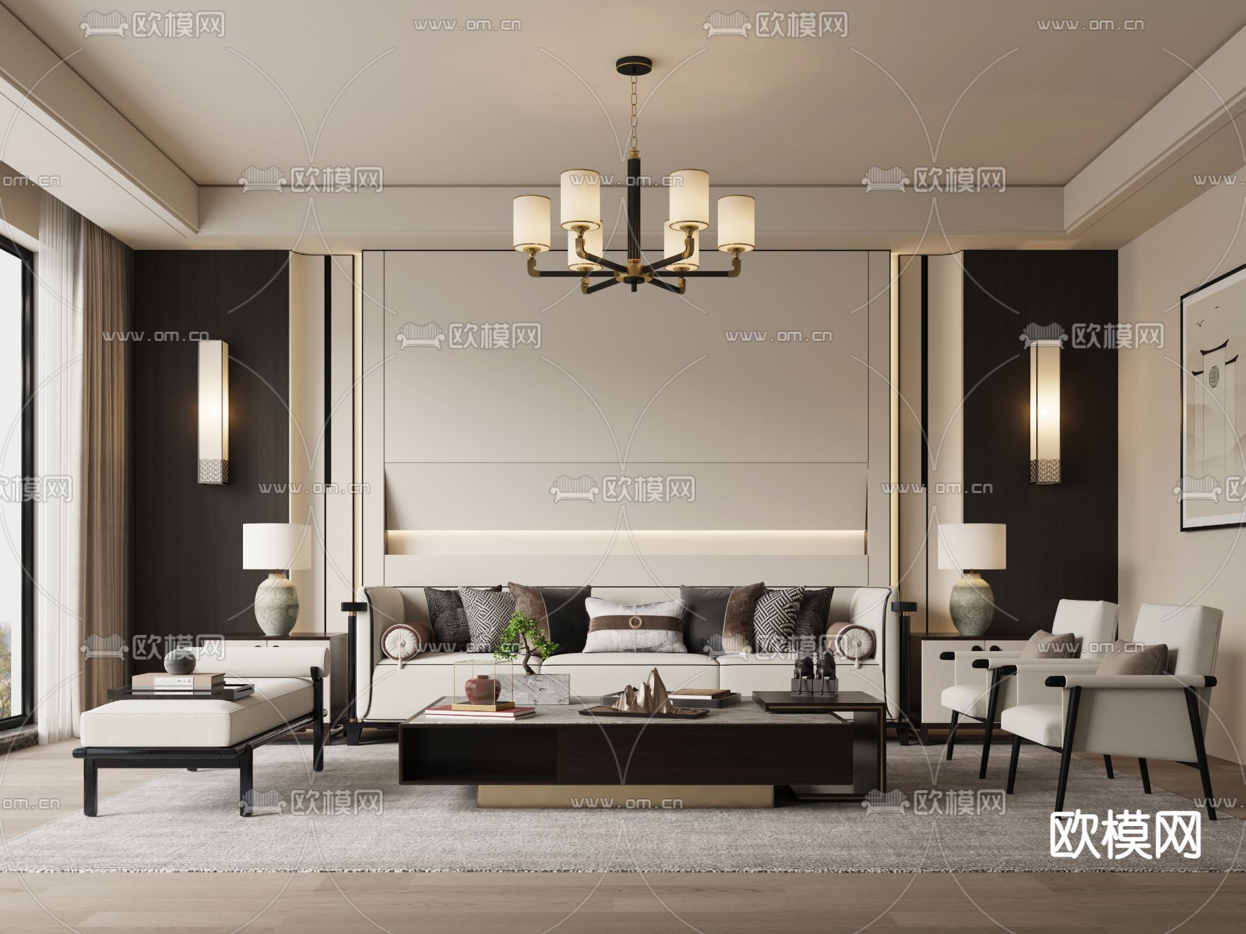 新中式客厅su模型下载（渲染图1）