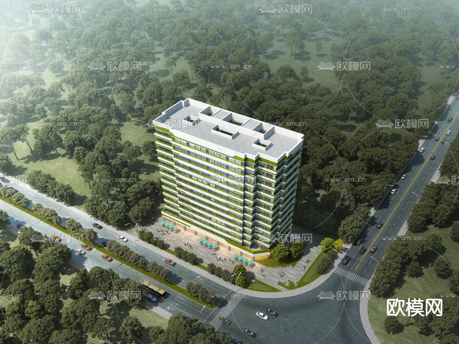 现代办公楼鸟瞰su模型下载（渲染图1）