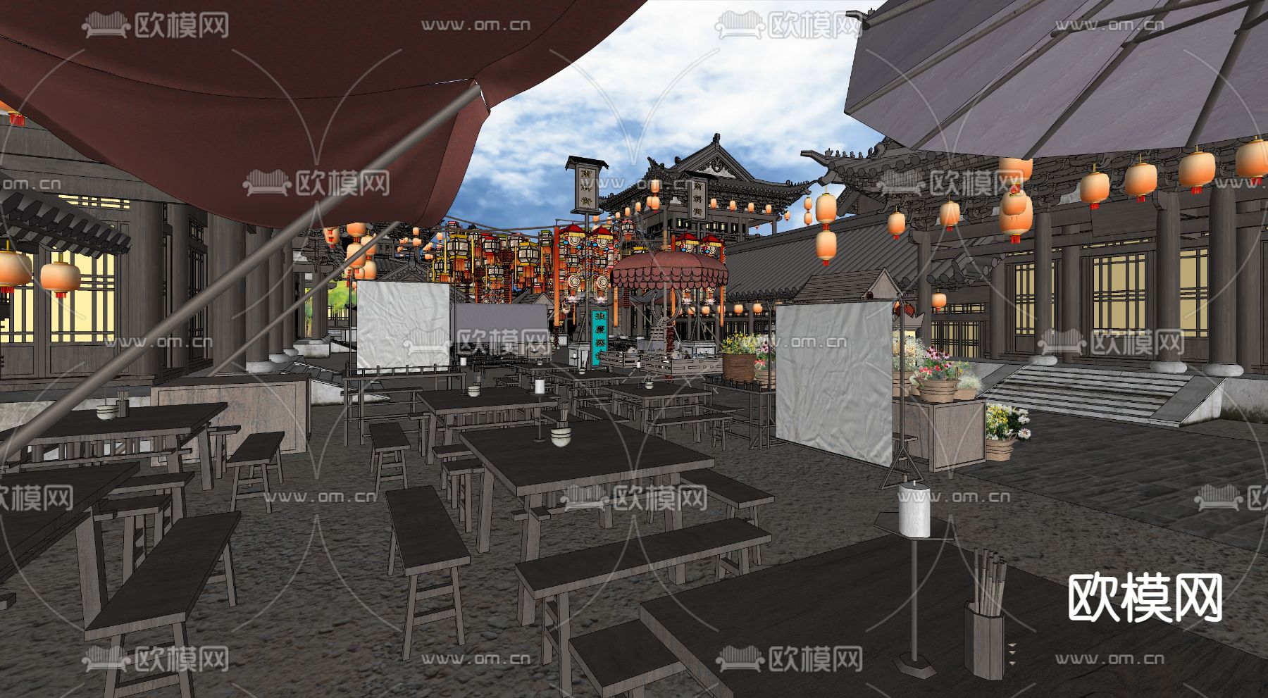 中式商业街su模型下载（渲染图2）
