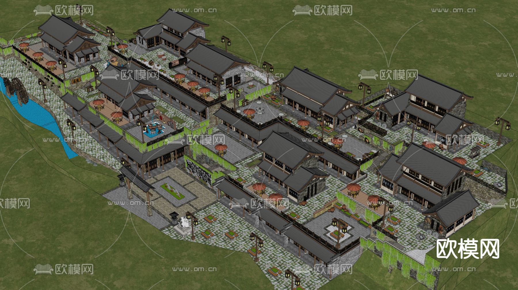 新中式民宿客栈鸟瞰su模型下载（渲染图2）