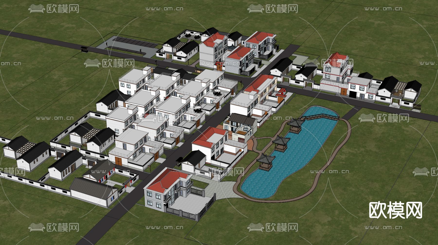 现代乡村规划 美丽乡村su模型下载（渲染图2）