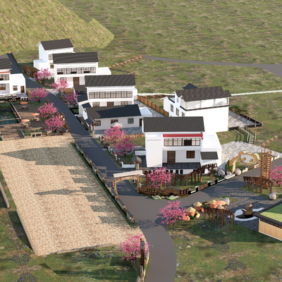  现代乡村鸟瞰规划su模型 