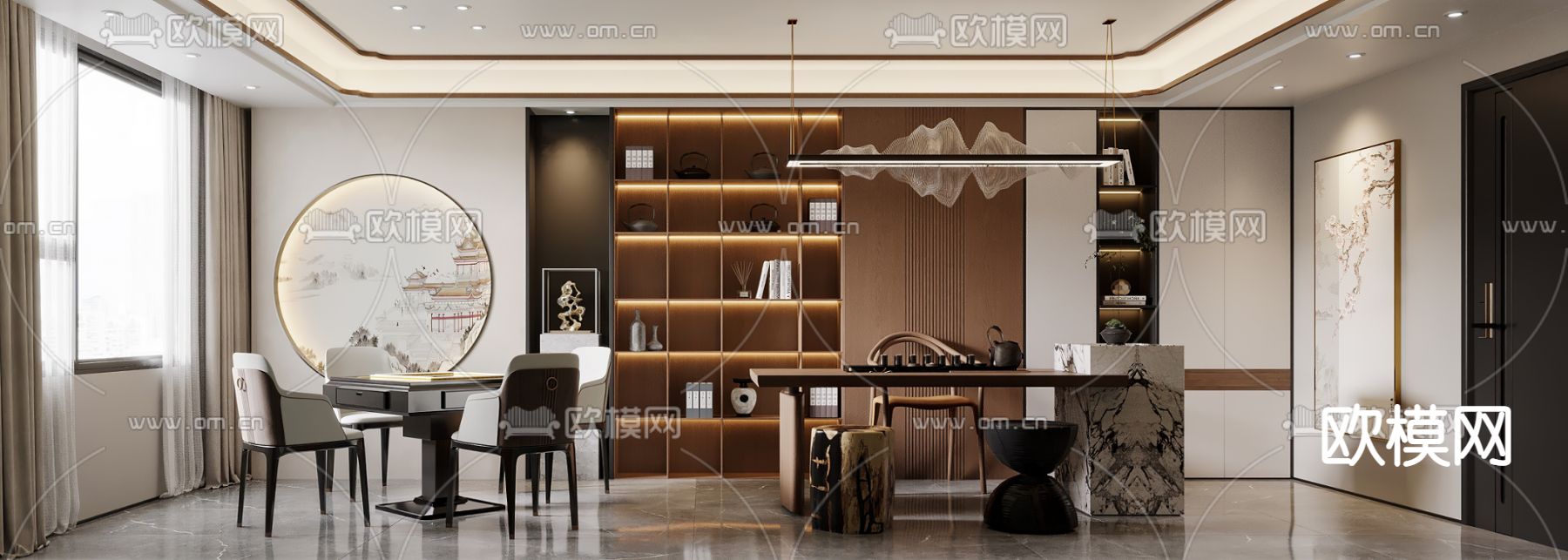 新中式茶室 棋牌室3d模型下载（渲染图1）