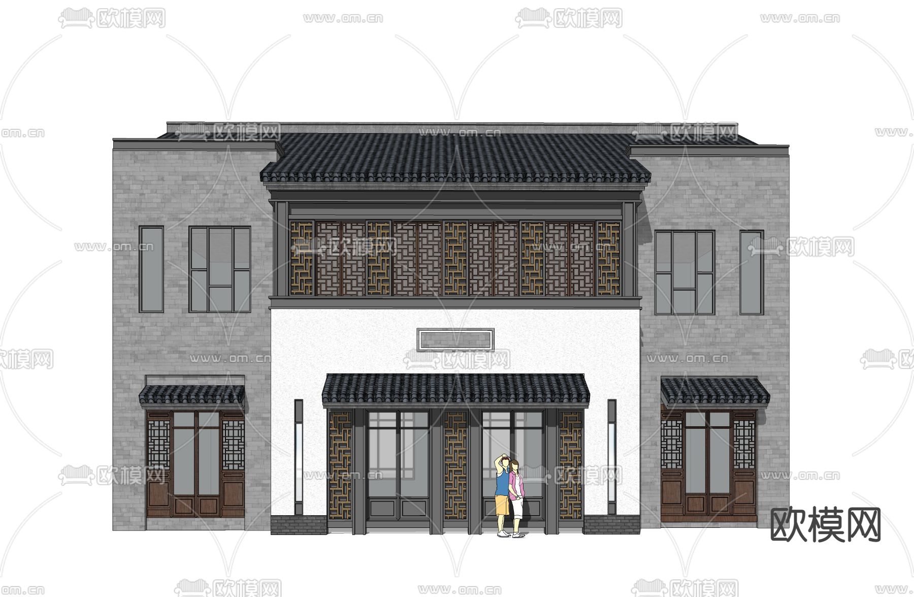 中式商业街建筑外观su模型下载