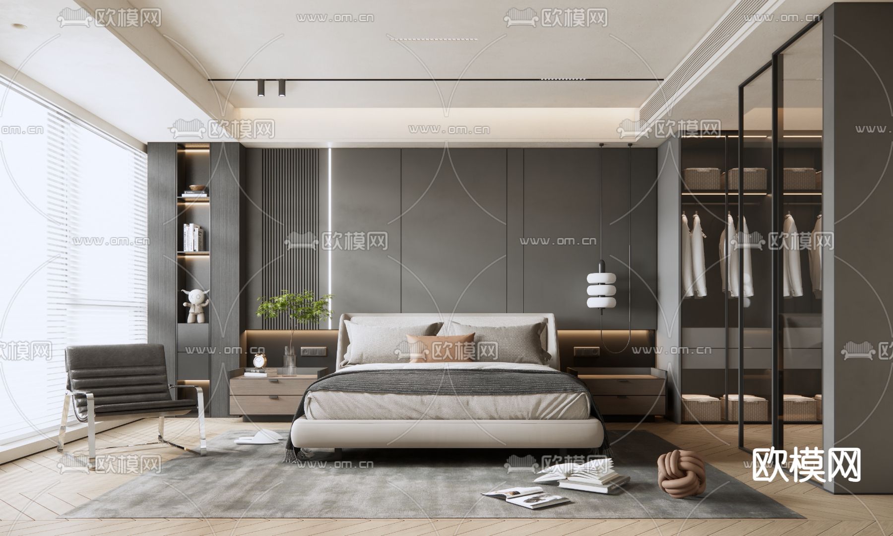 高级灰卧室 主人房su模型下载（渲染图1）