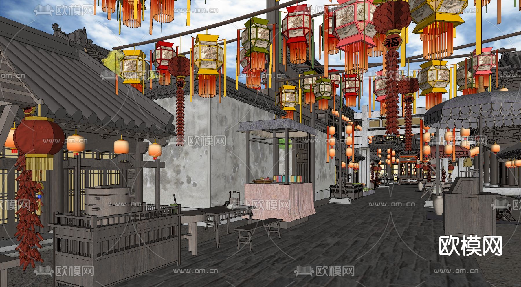中式商业街su模型下载（渲染图3）