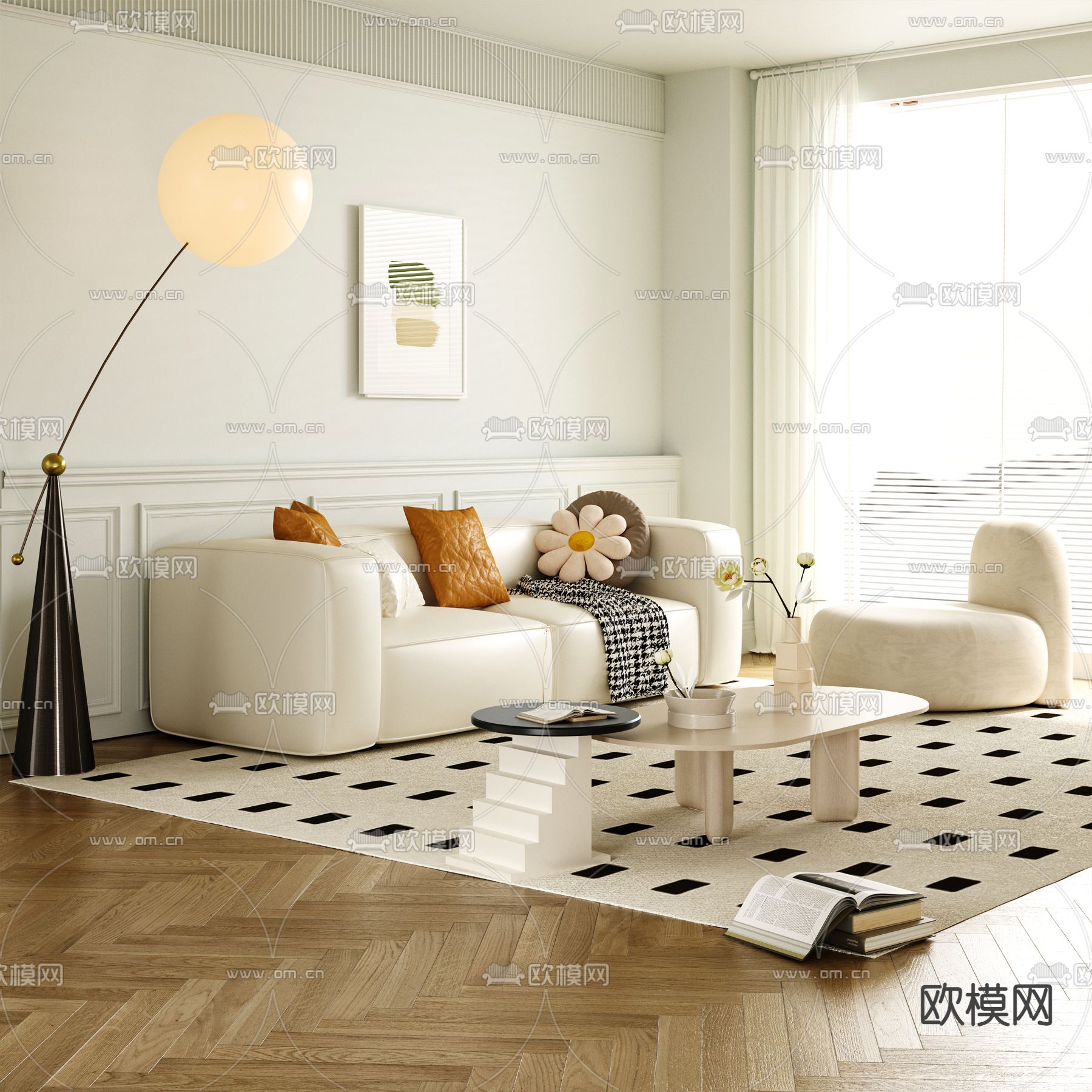 奶油风组合沙发3d模型下载_ID13043317_3dmax免费模型-欧模网