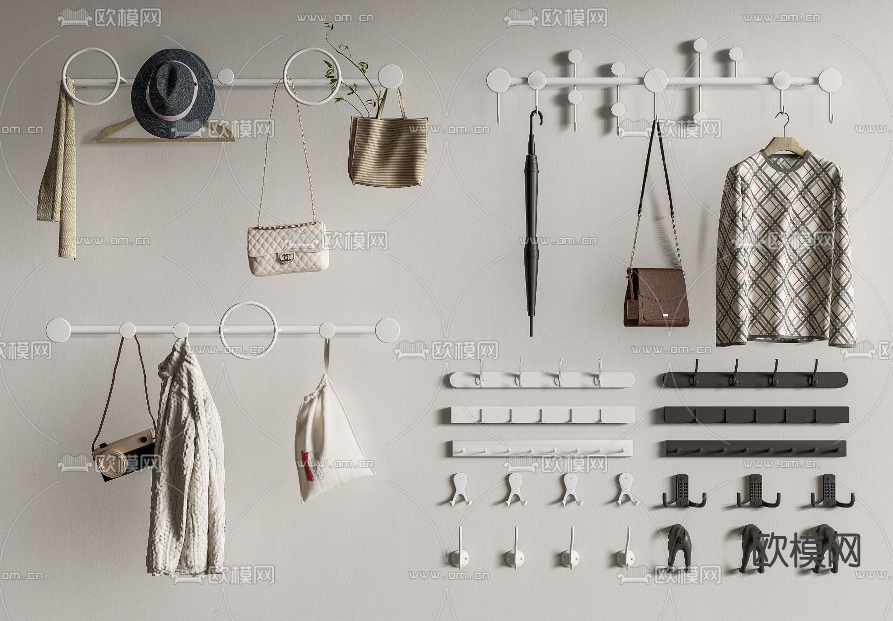 现代挂衣钩 衣帽架 衣服 帽子su模型下载（渲染图1）