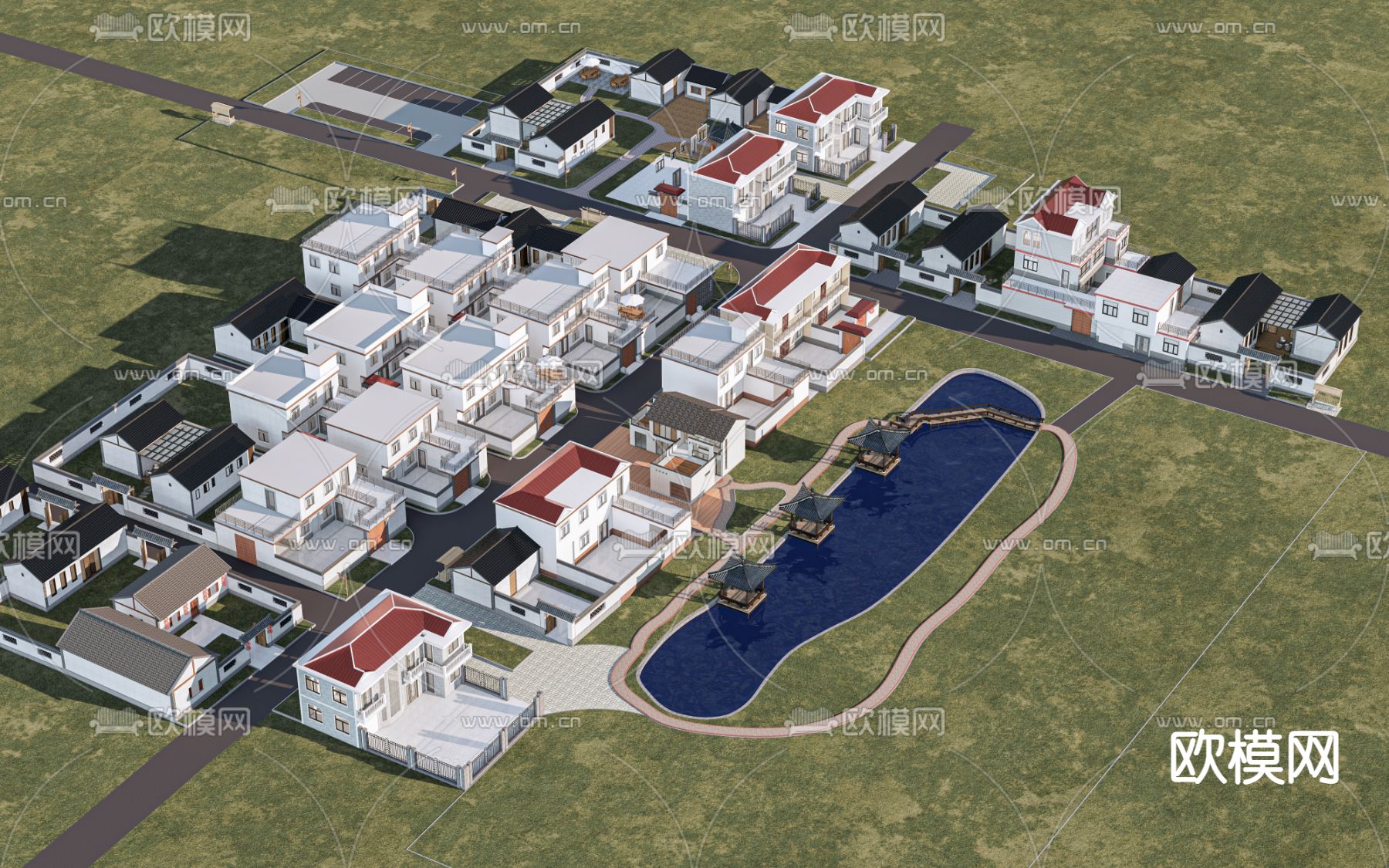 现代乡村规划 美丽乡村su模型下载（渲染图1）