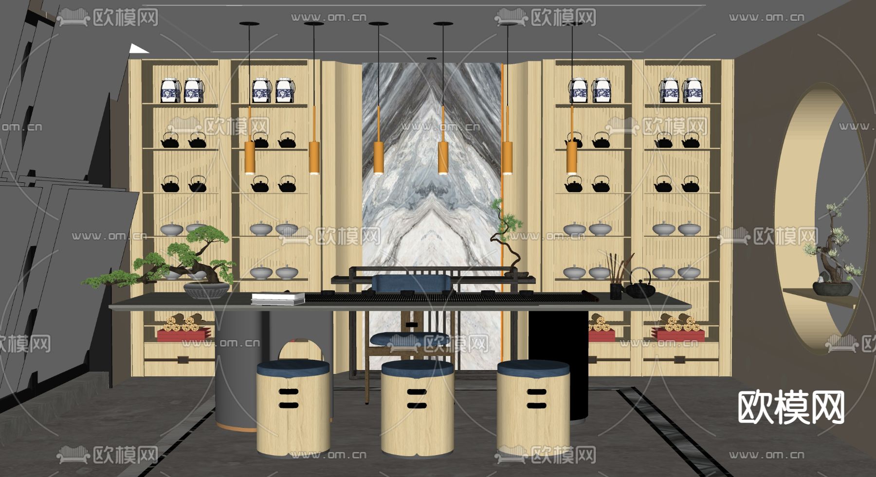新中式茶室su模型下载（渲染图2）