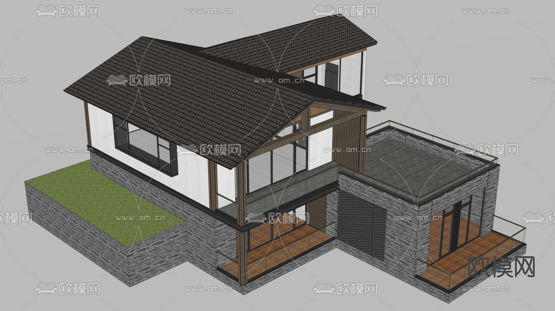 新中式乡村民房 民宿建筑su模型下载（渲染图2）