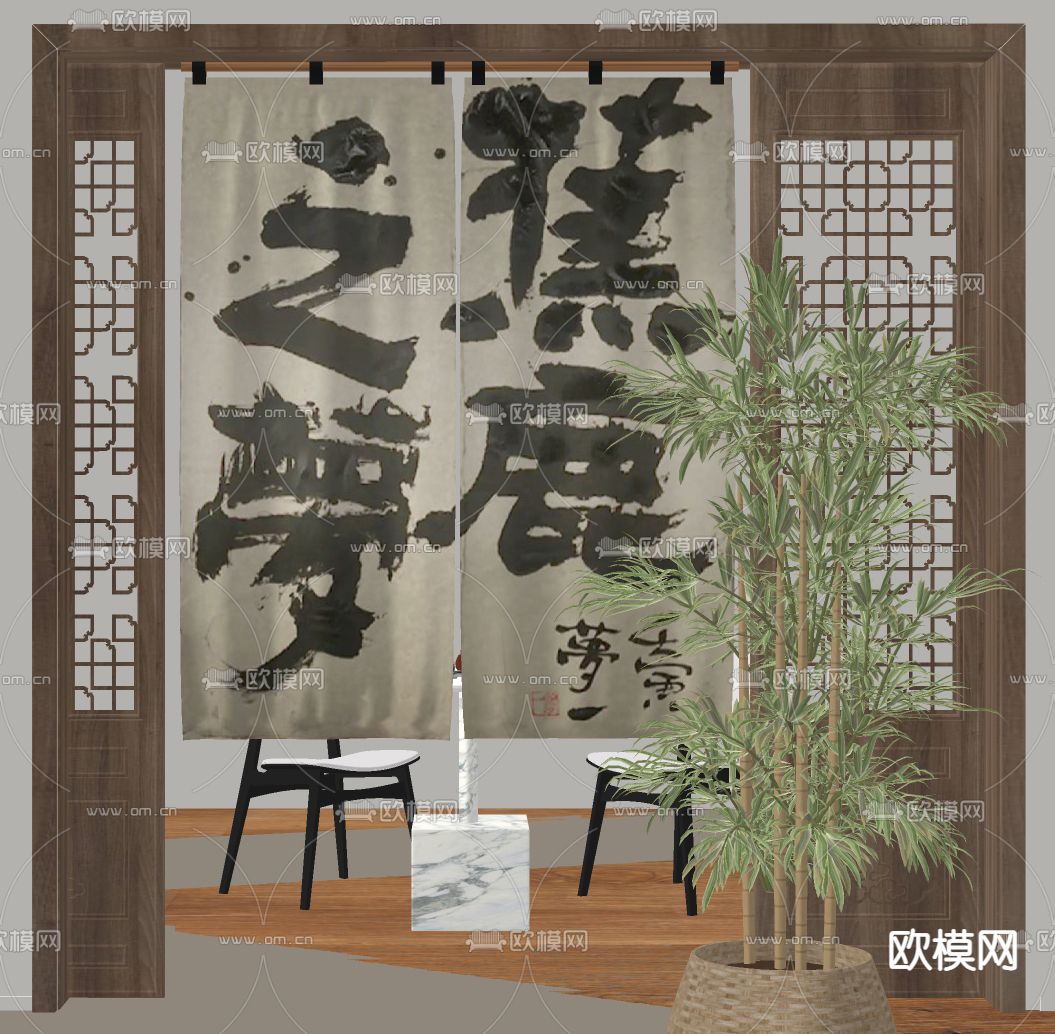 侘寂风布帘 门帘su模型下载（渲染图2）