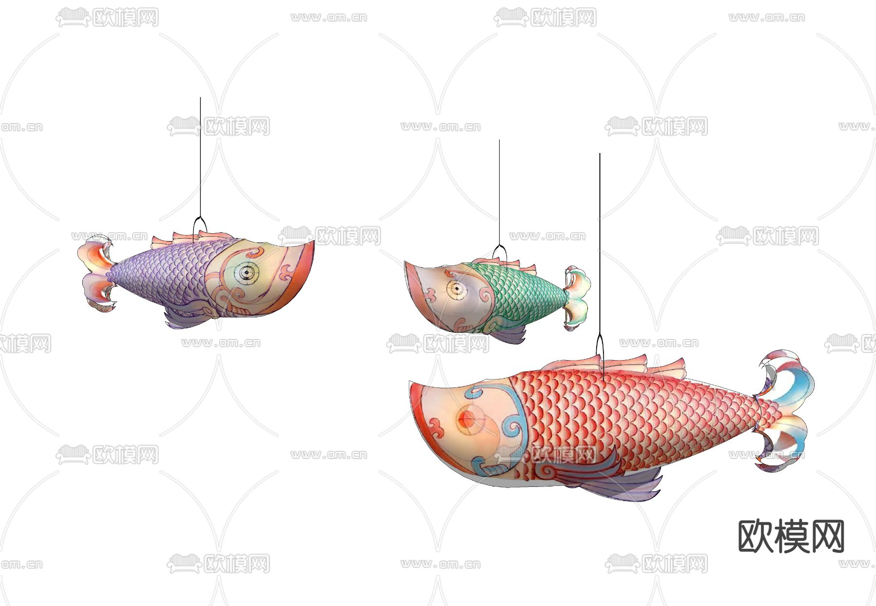 中式鱼灯 吊灯su模型