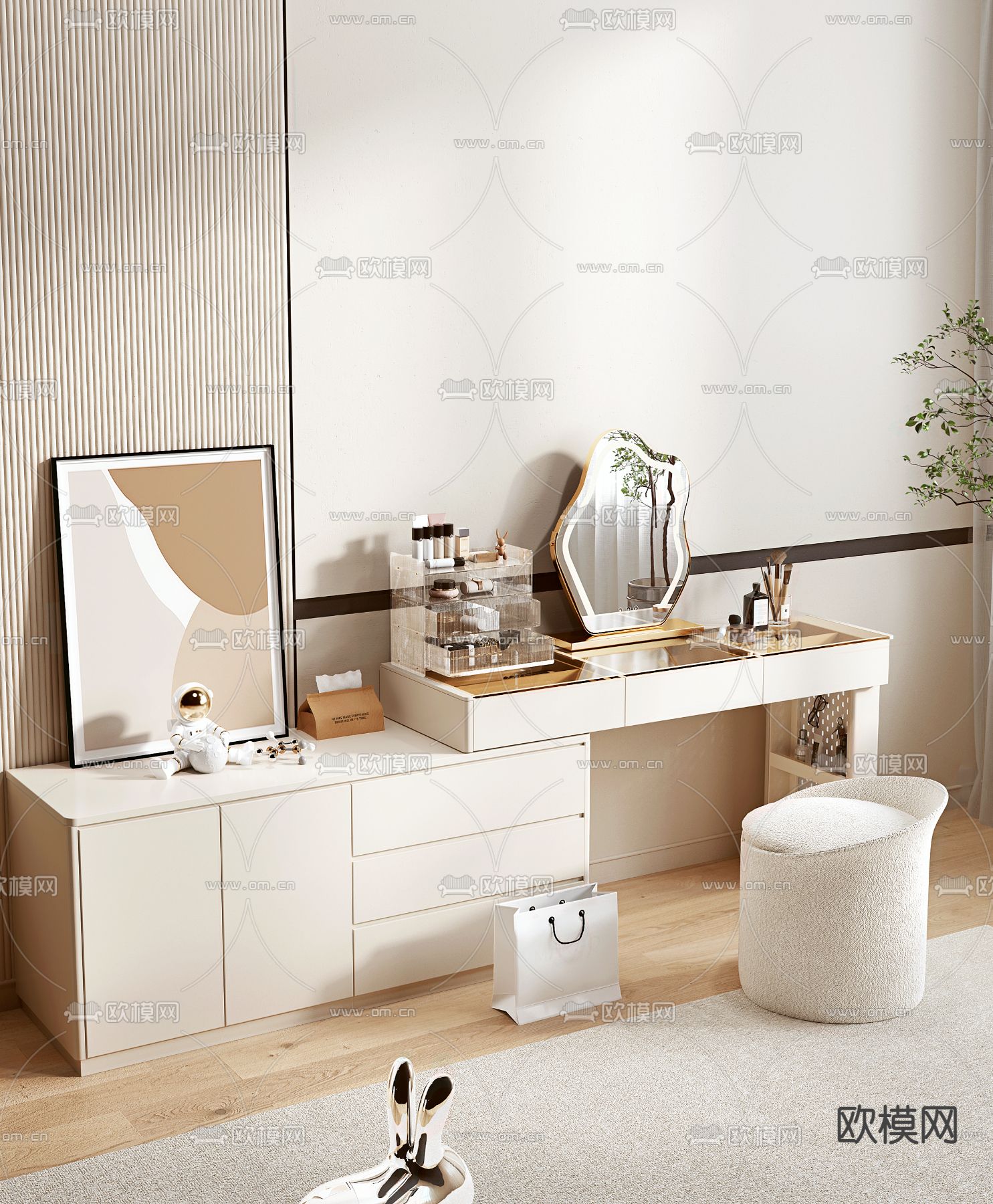 奶油风梳妆台3d模型下载（渲染图2）