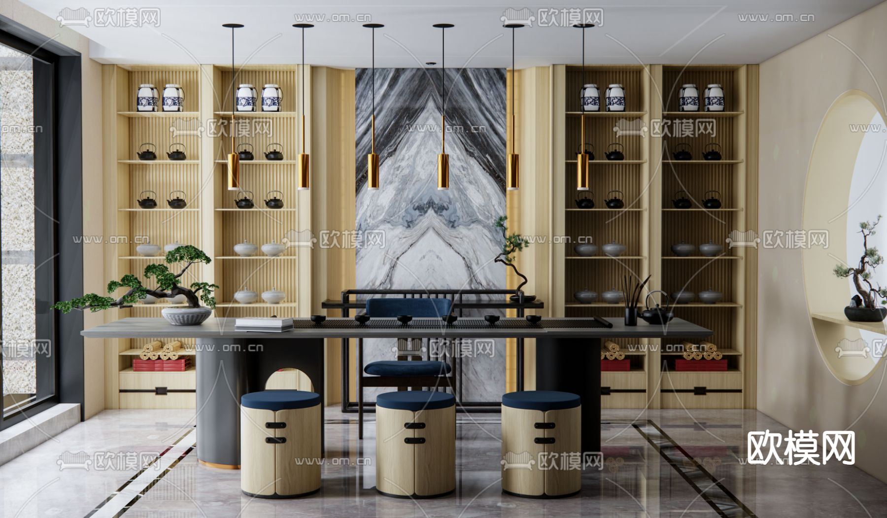 新中式茶室su模型下载（渲染图1）