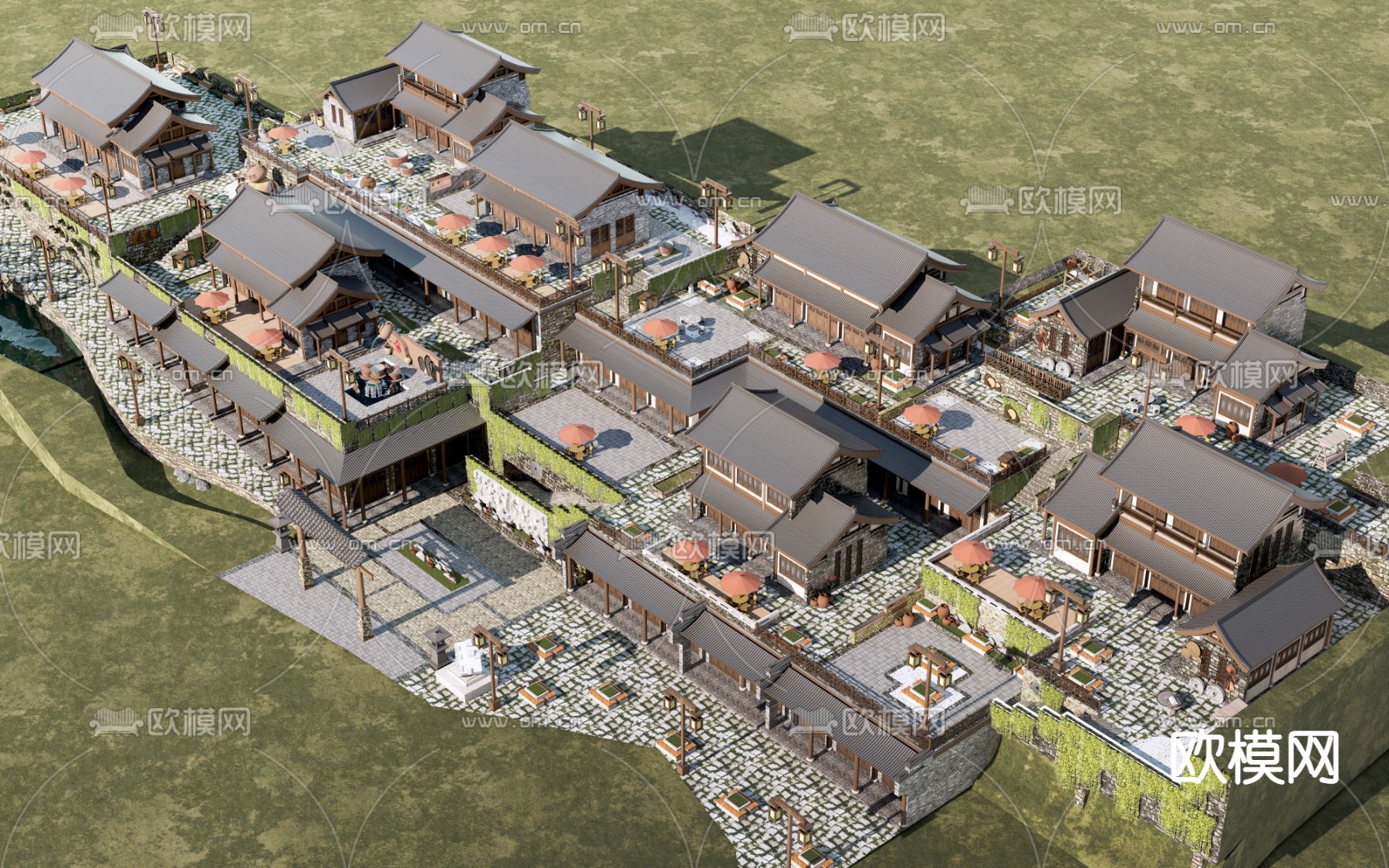 新中式民宿客栈鸟瞰su模型下载（渲染图1）