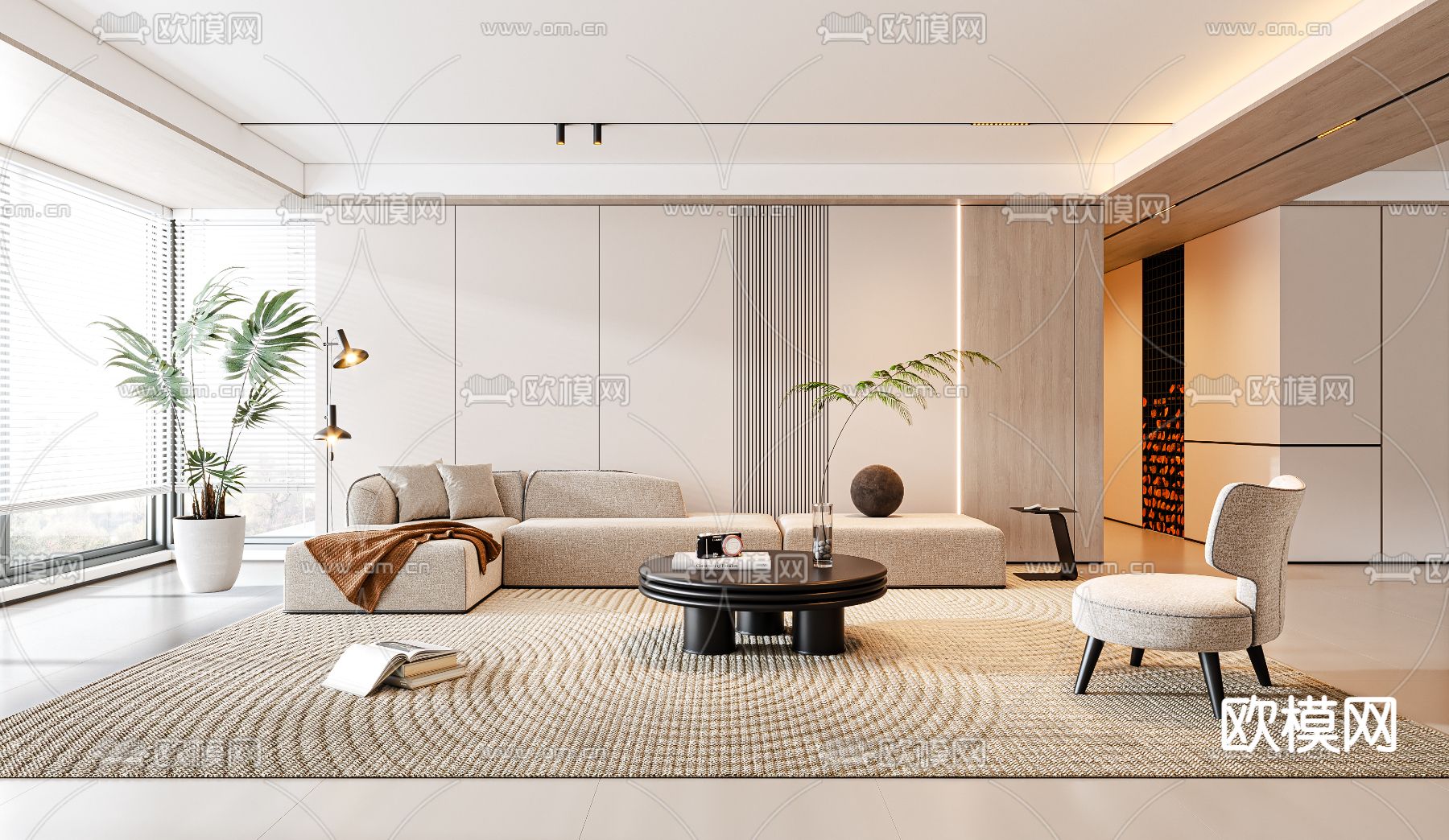 奶油风客厅3d模型下载（渲染图1）