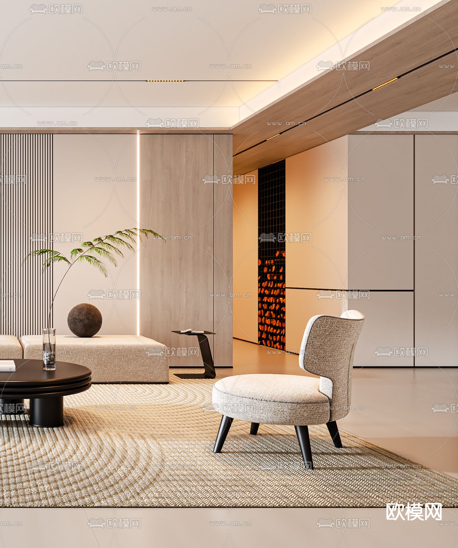 奶油风客厅3d模型下载（渲染图4）