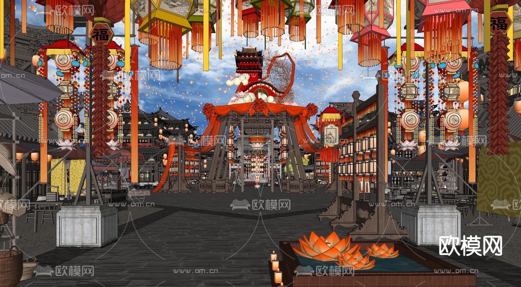 中式商业街su模型下载（渲染图1）