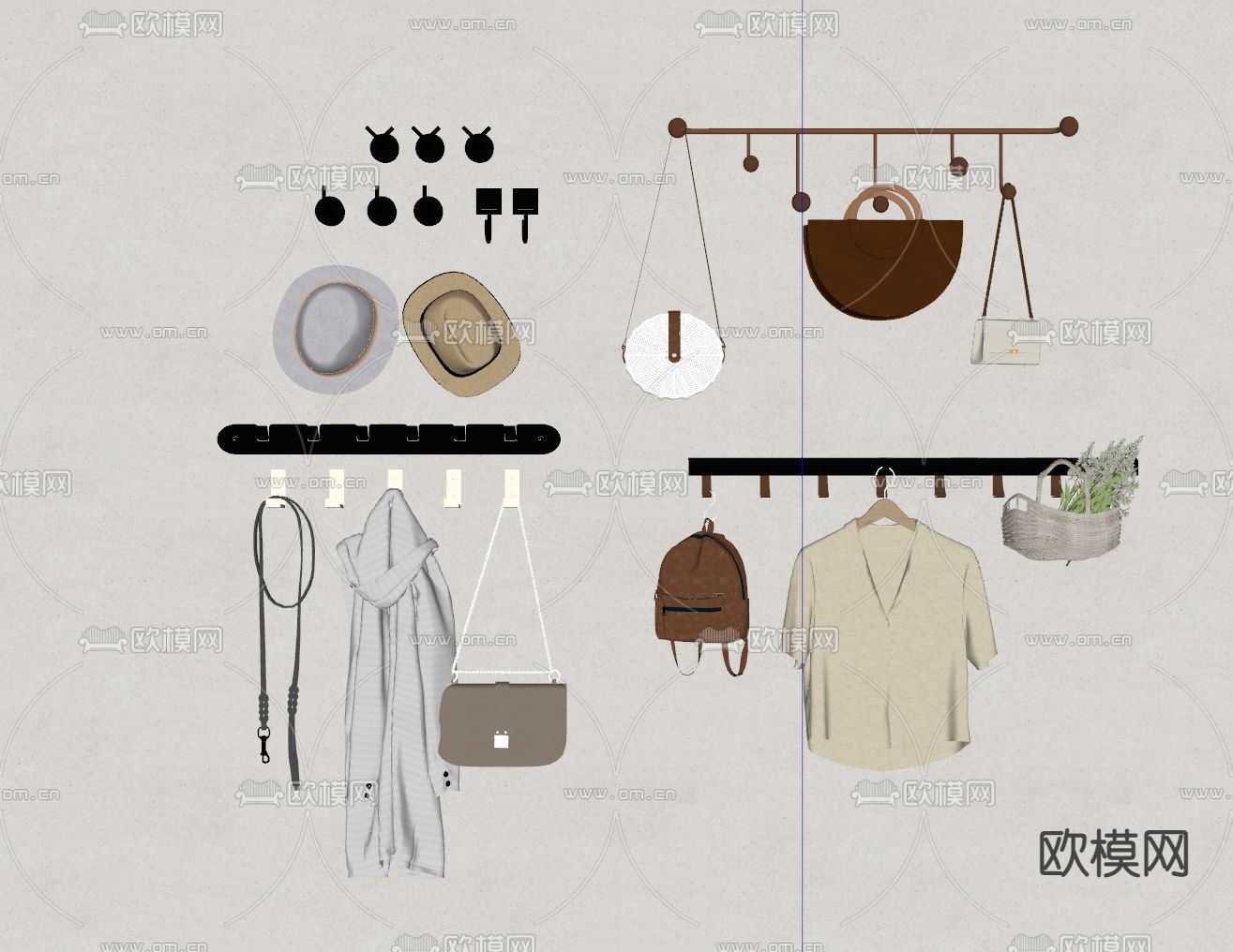现代挂衣钩衣服包包帽子su模型下载（渲染图2）