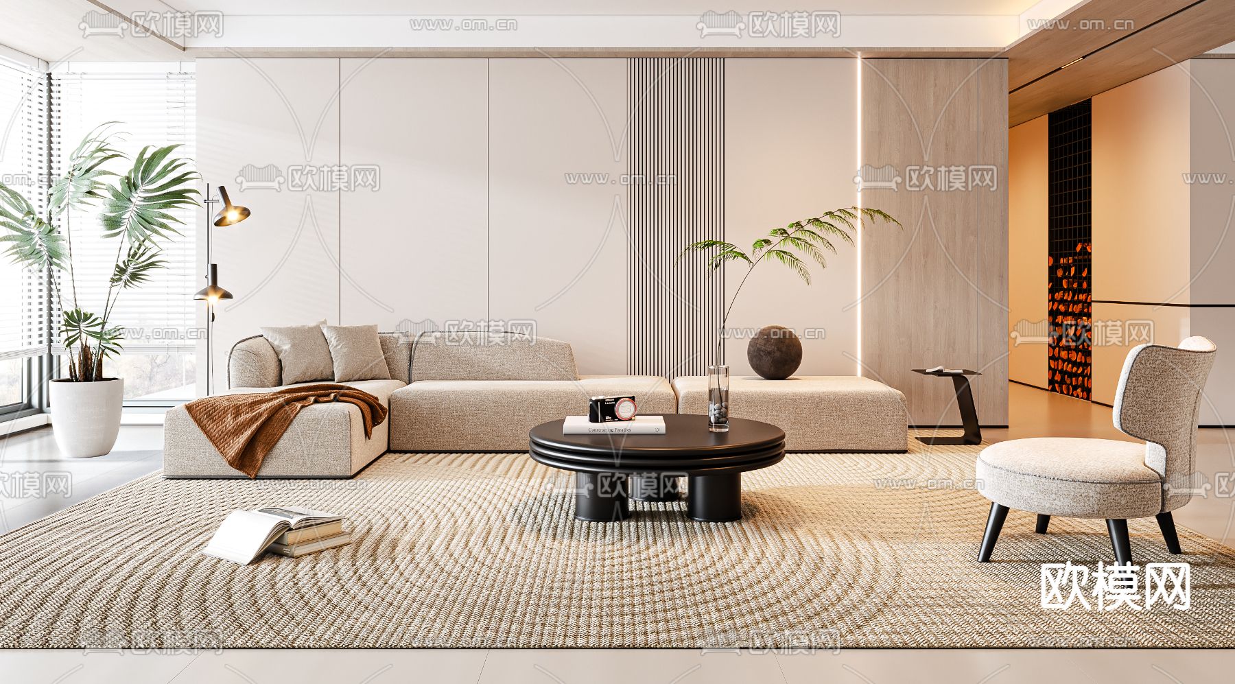 奶油风客厅3d模型下载（渲染图3）